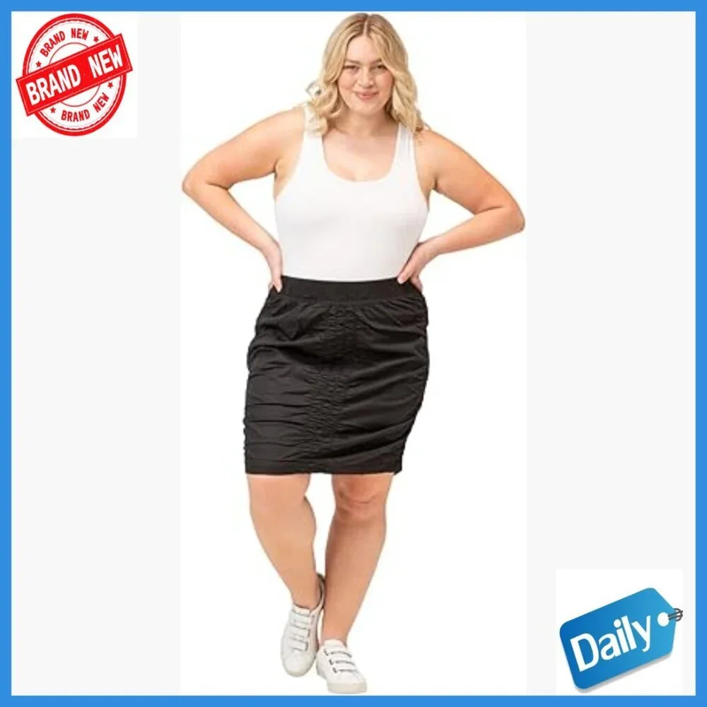 Stretch Poplin Mini Skirt with Ruching, Elastic Waist, Casual Fit